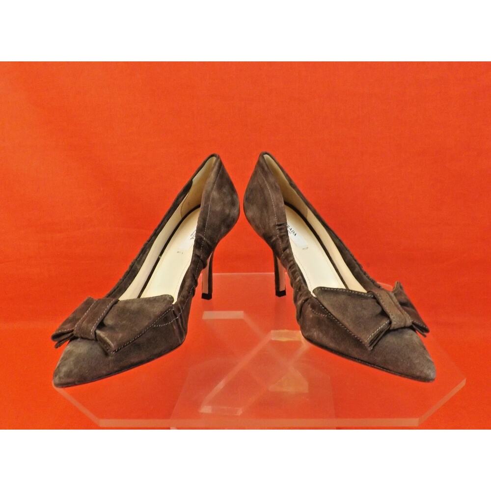 NIB PRADA 1I802C GRAY BROWN SUEDE BOW POINTED TOE MID HEEL PUMPS 38 ITALY